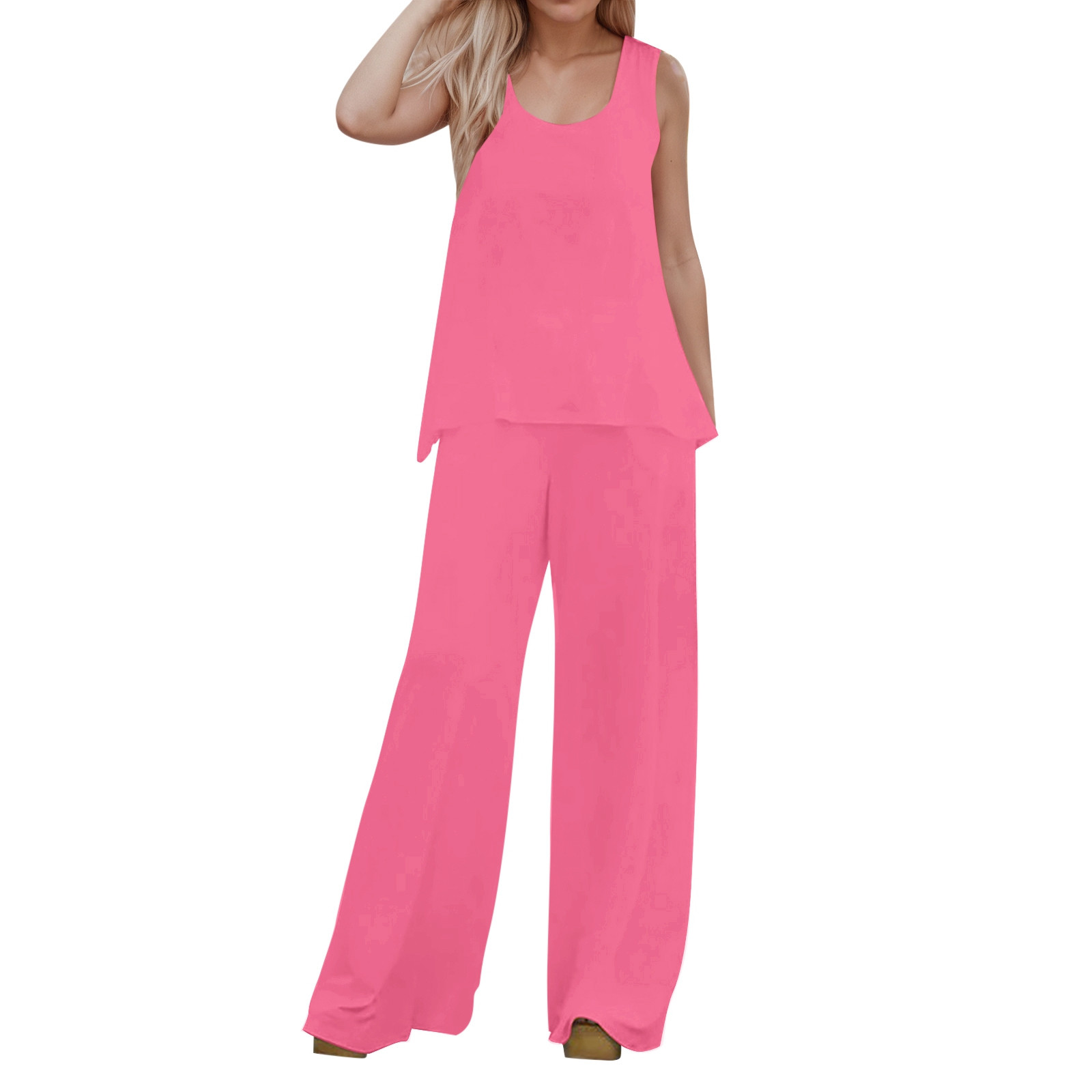 thumbnail image 1 of Conjunto de 2 piezas para mujer: chaleco sin mangas y pantalones anchos, estilo boho informal, color liso, mezcla de poliéster y spandex, 1 of 5